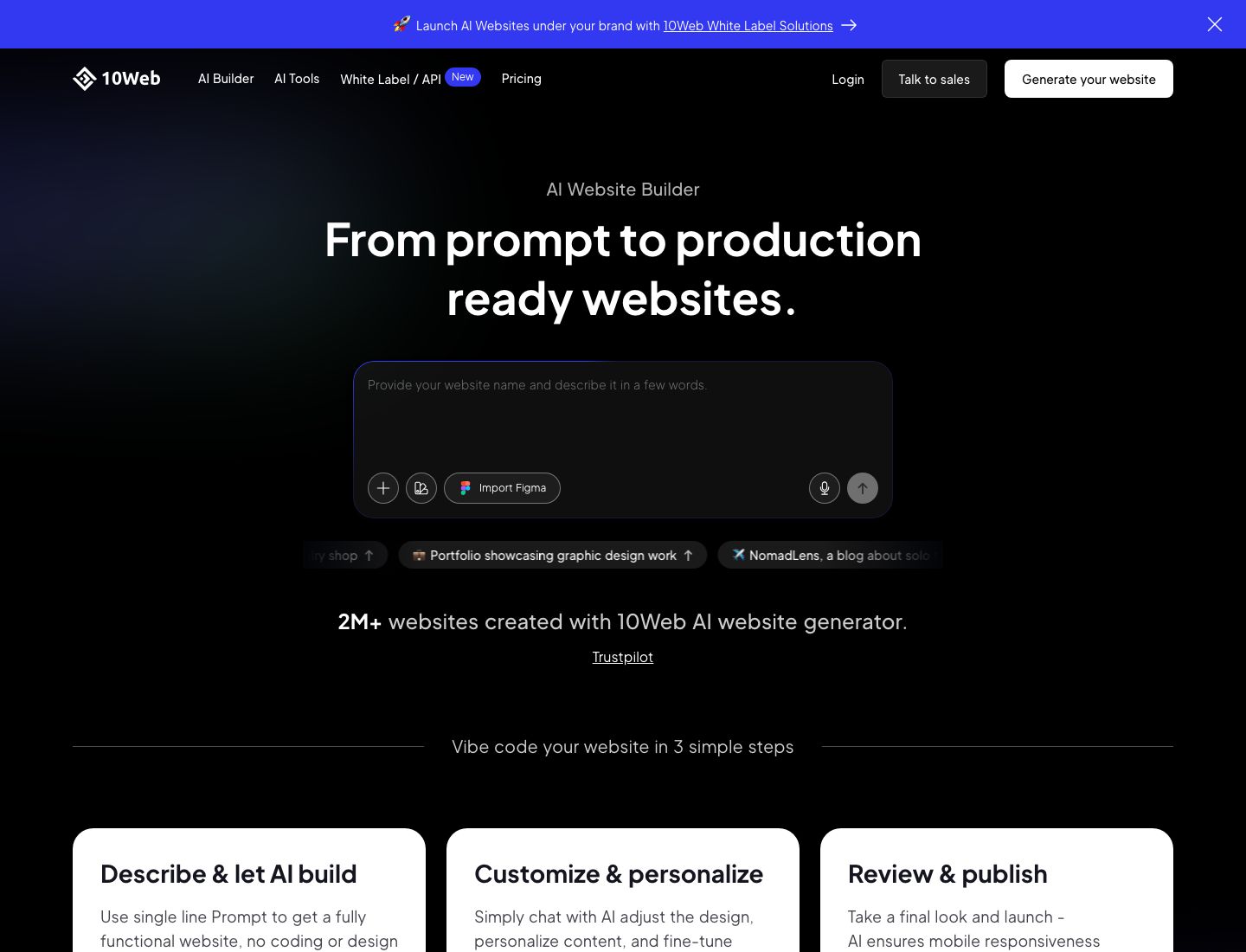 10Web homepage screenshot