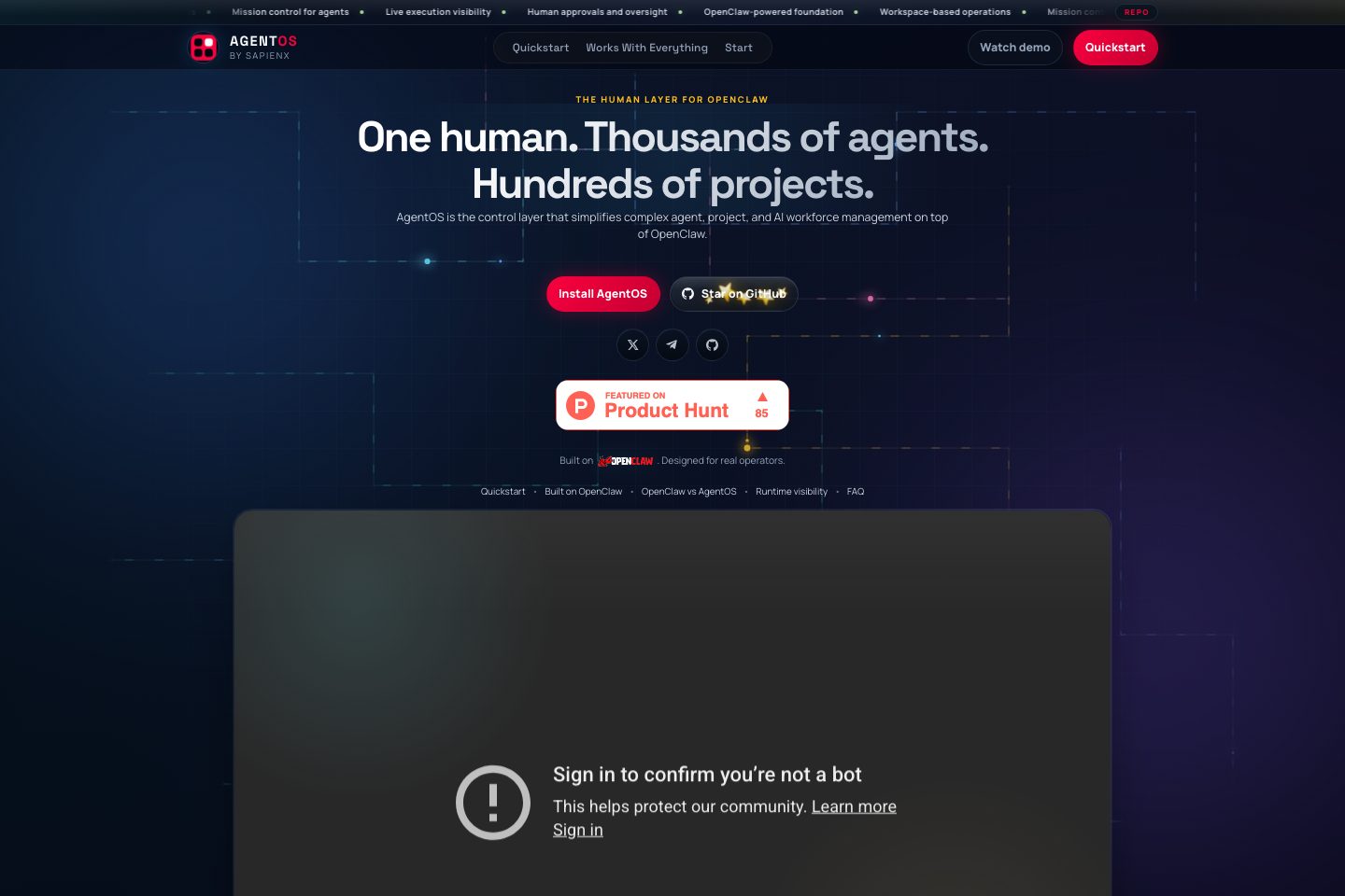 AgentOS homepage screenshot