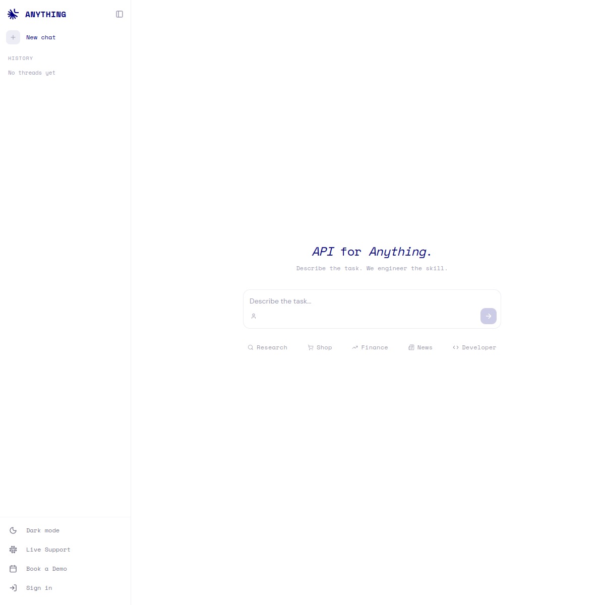 Anything API homepage screenshot