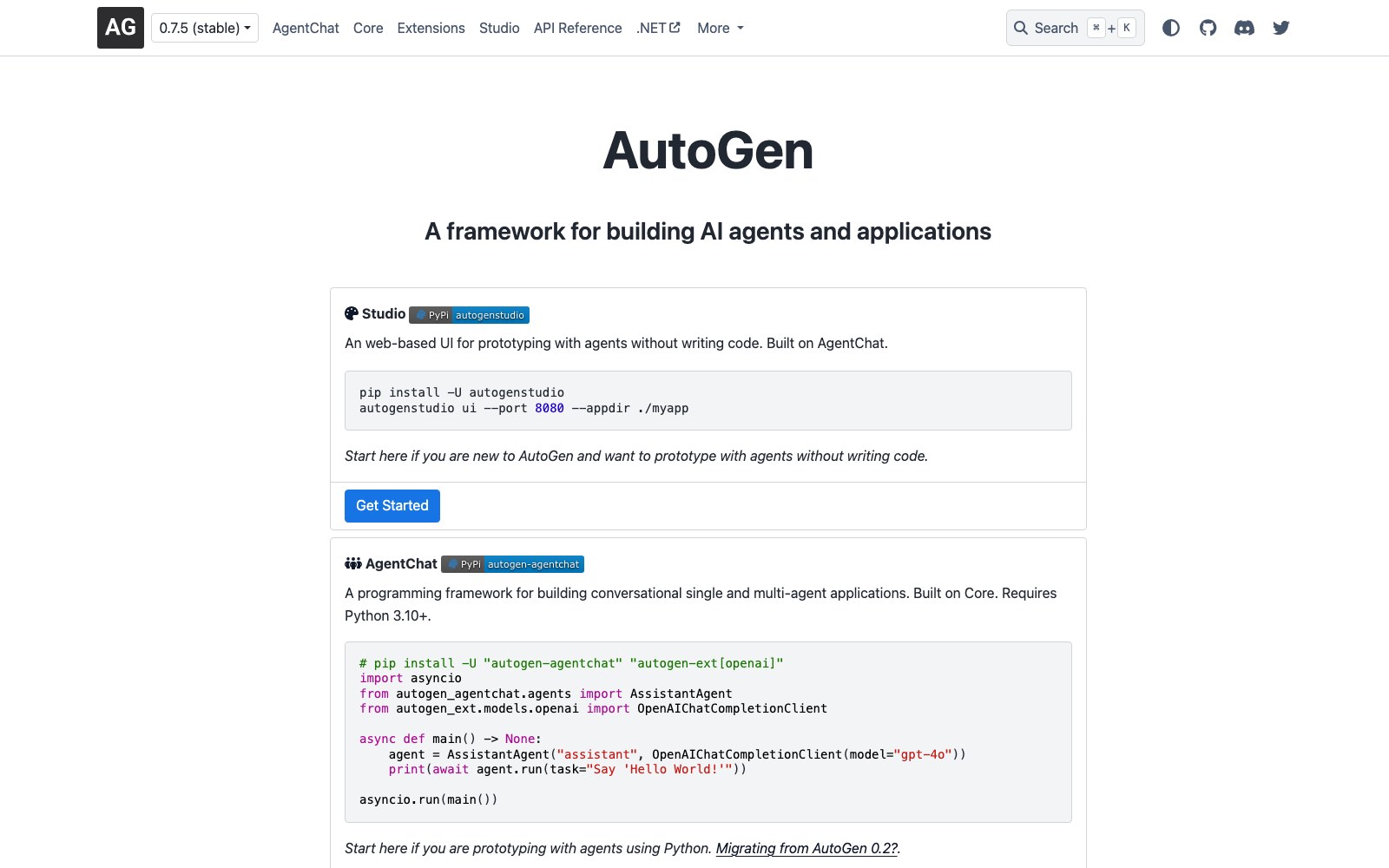 AutoGen 홈페이지 스크린샷