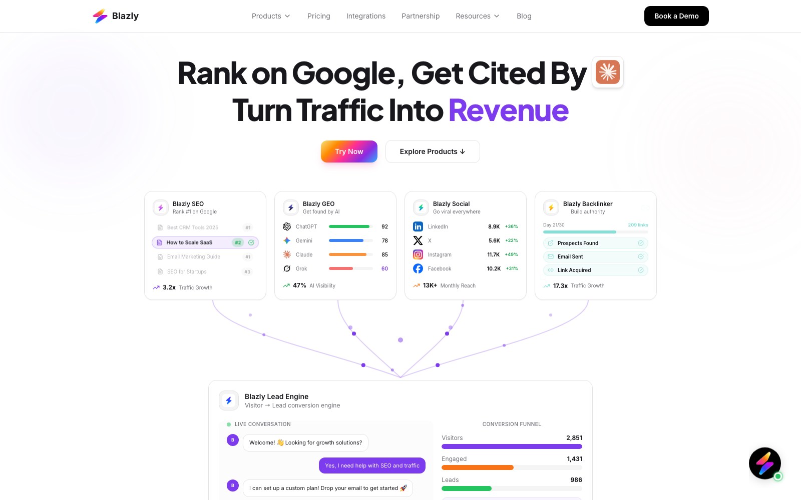 Blazly SEO homepage screenshot