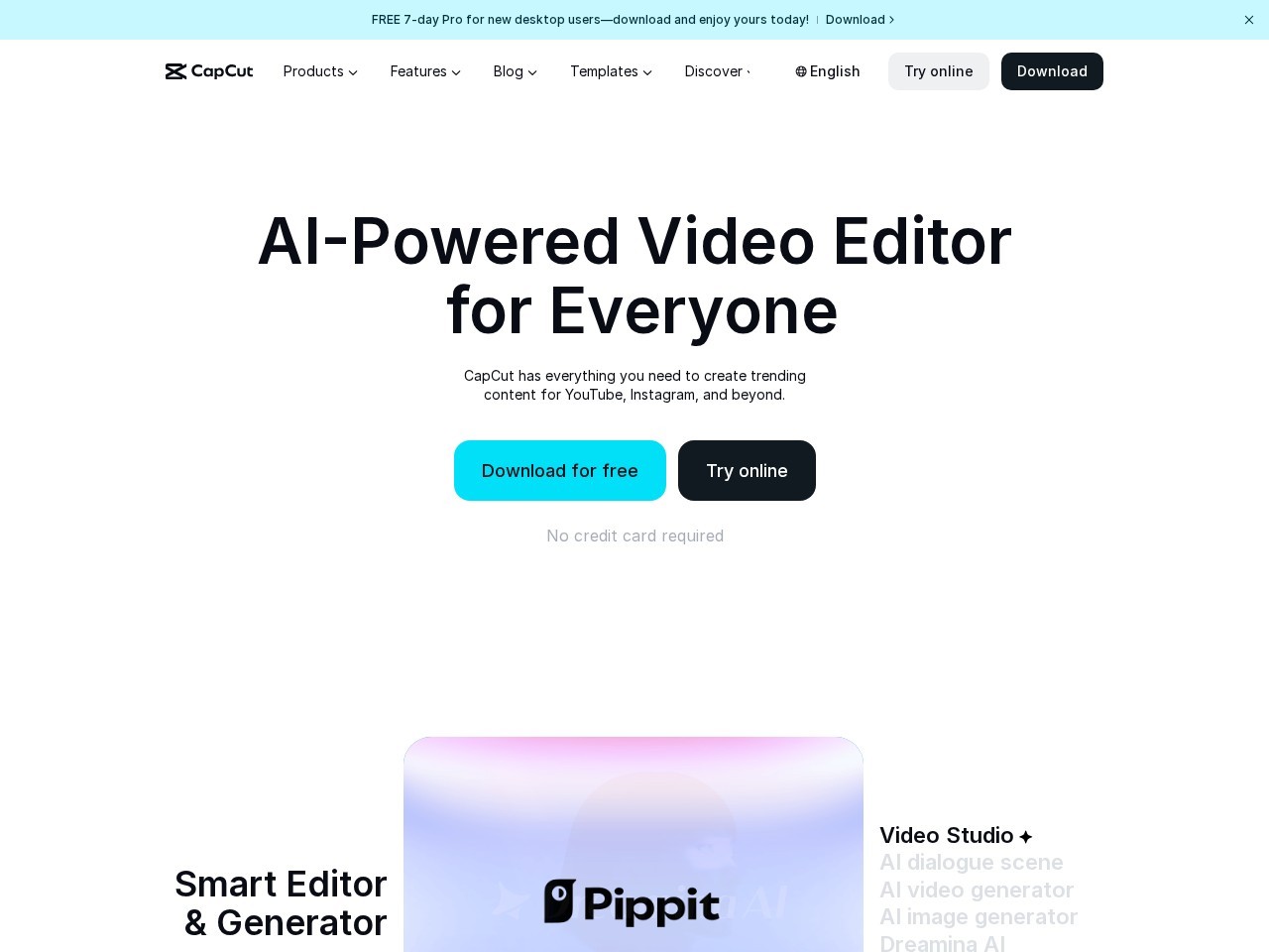 CapCut 官网首屏截图