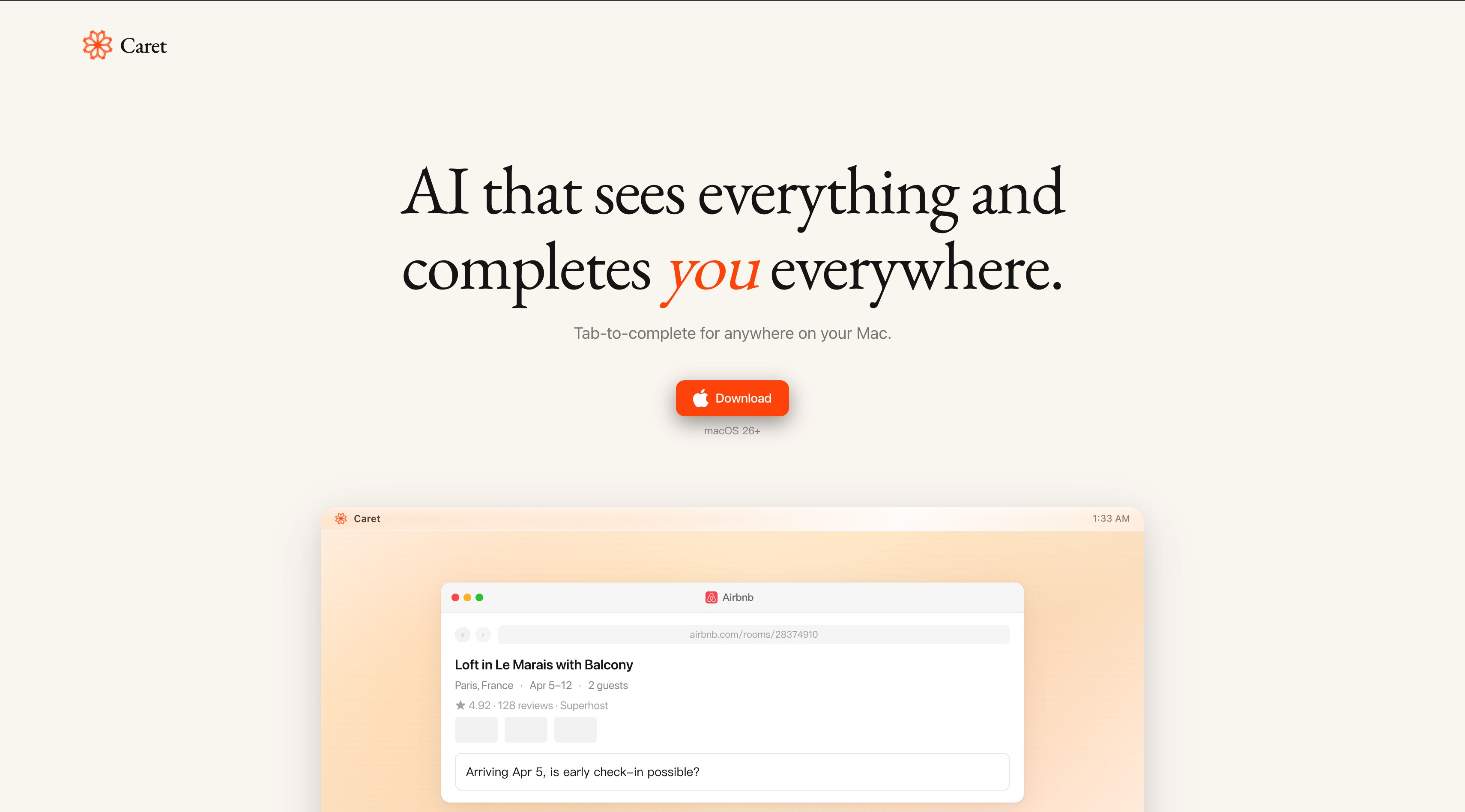 Caret homepage screenshot