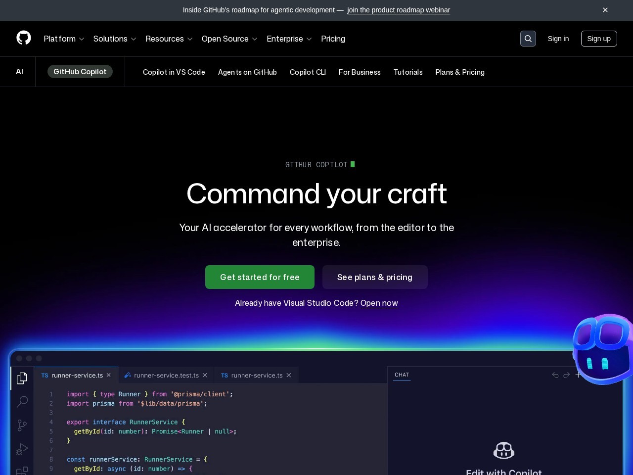 GitHub Copilot 官网首屏截图