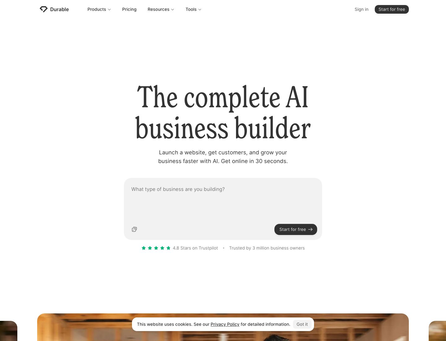 Durable homepage screenshot