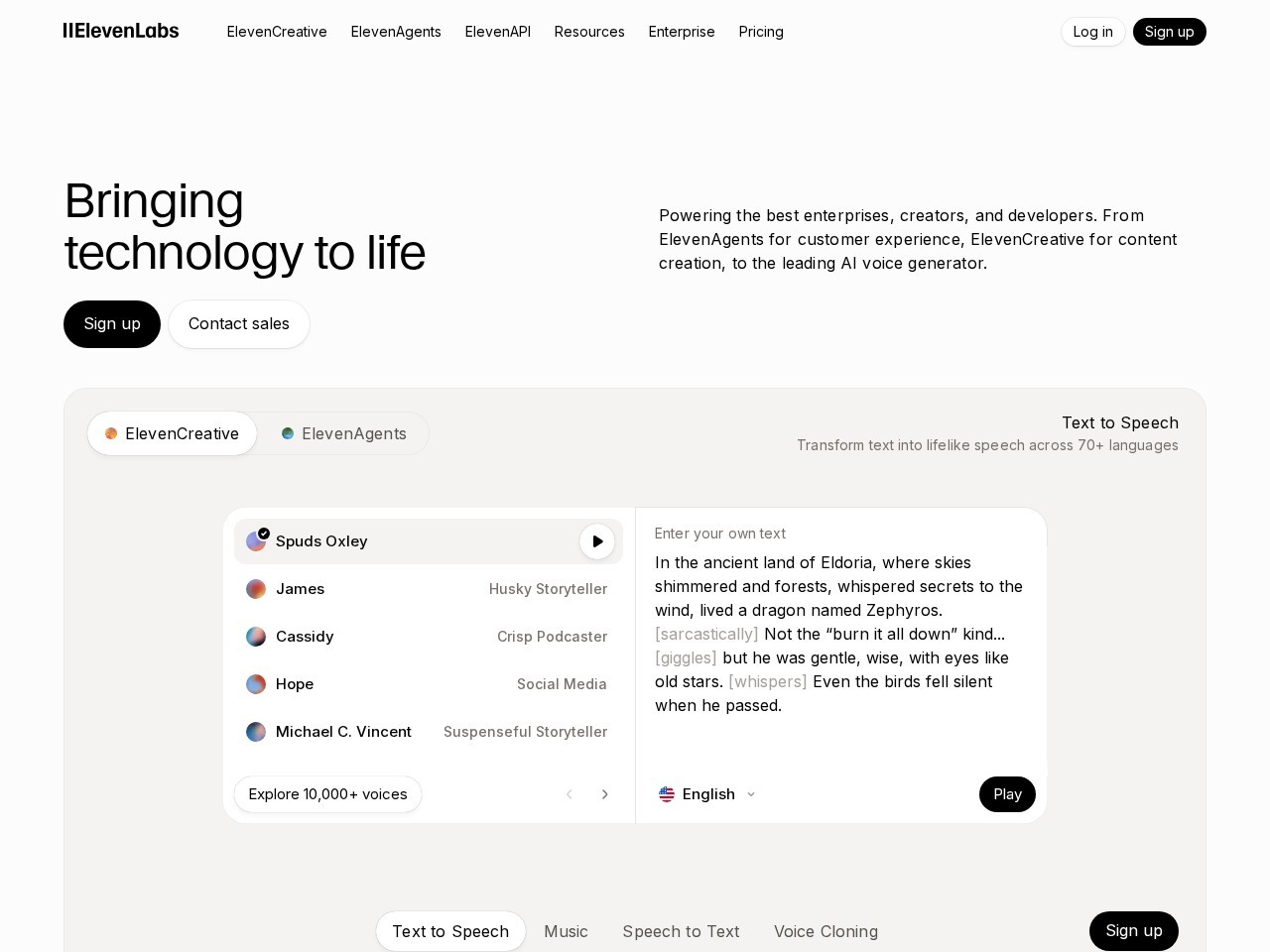 ElevenLabs 官网首屏截图