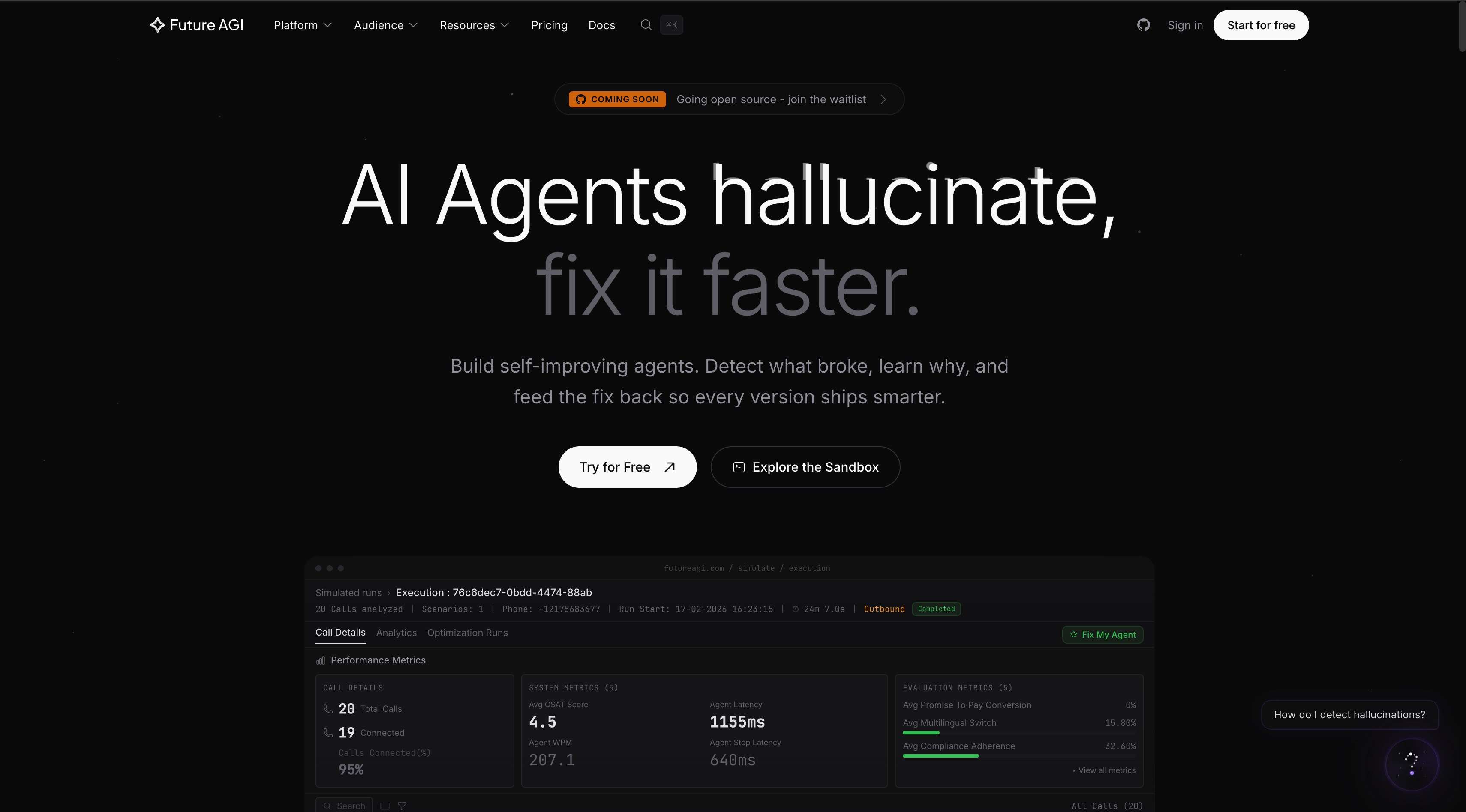 Future AGI 官网首屏截图