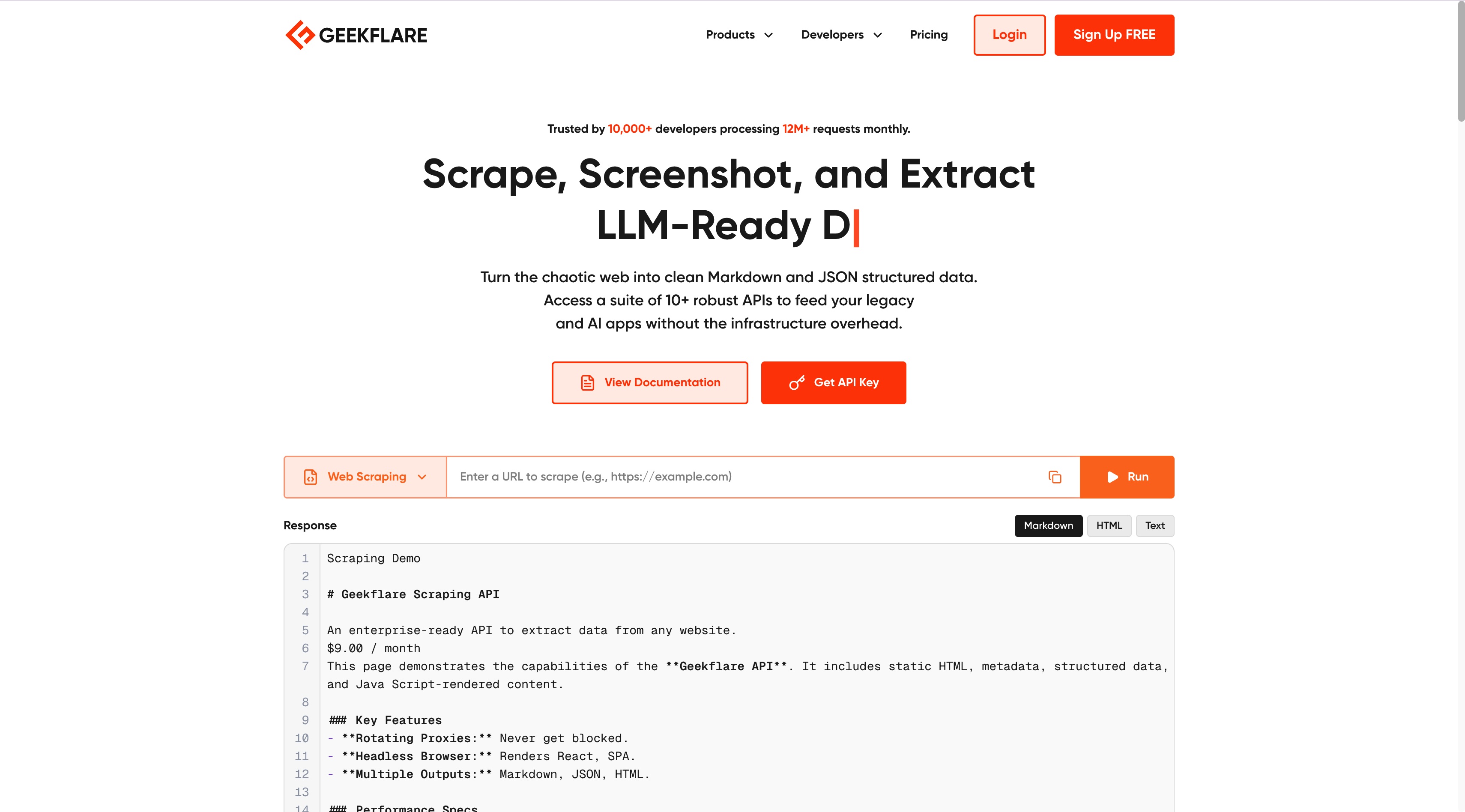 Geekflare API ホームページのスクリーンショット