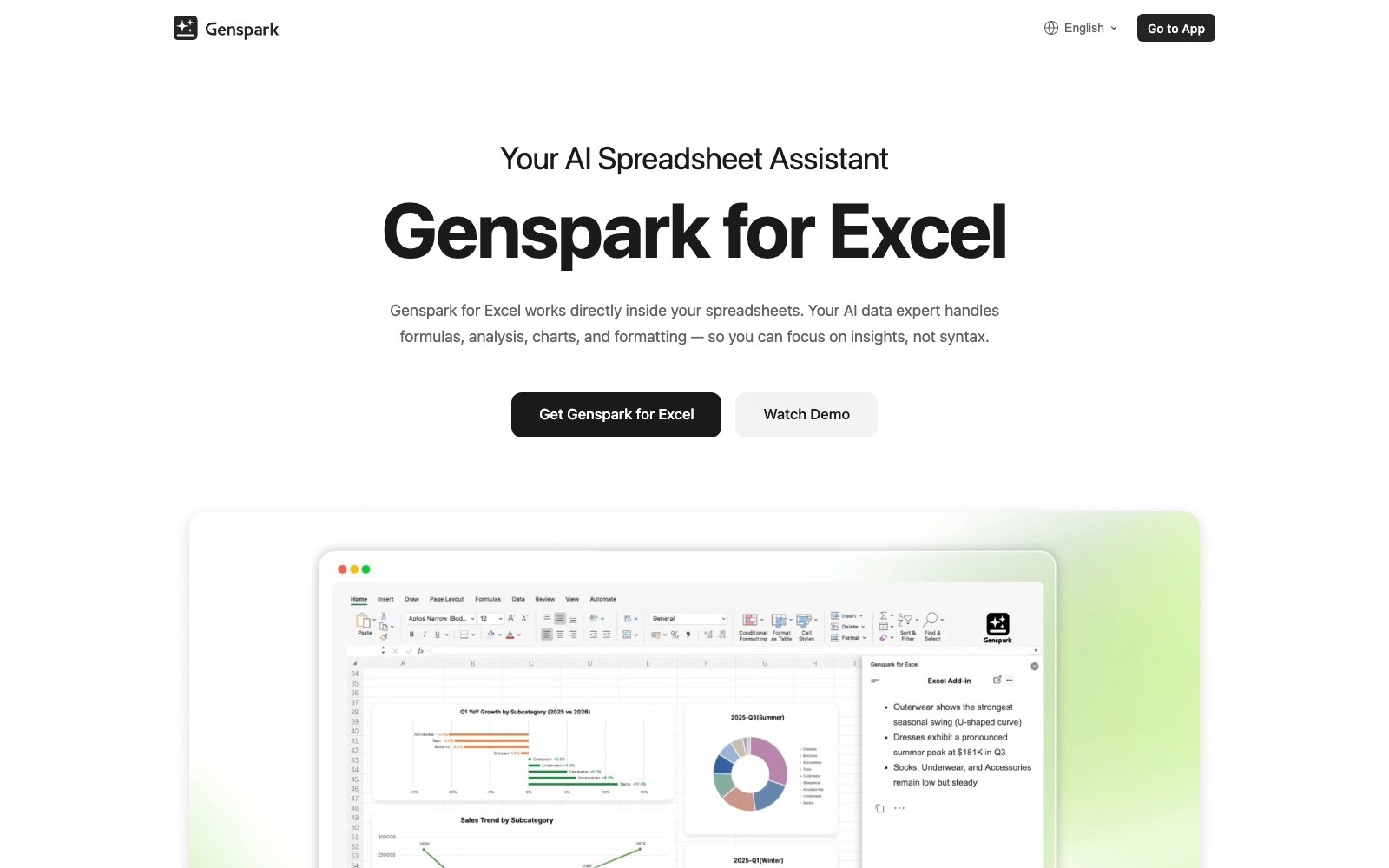 Capture de la page d'accueil de Genspark for Excel