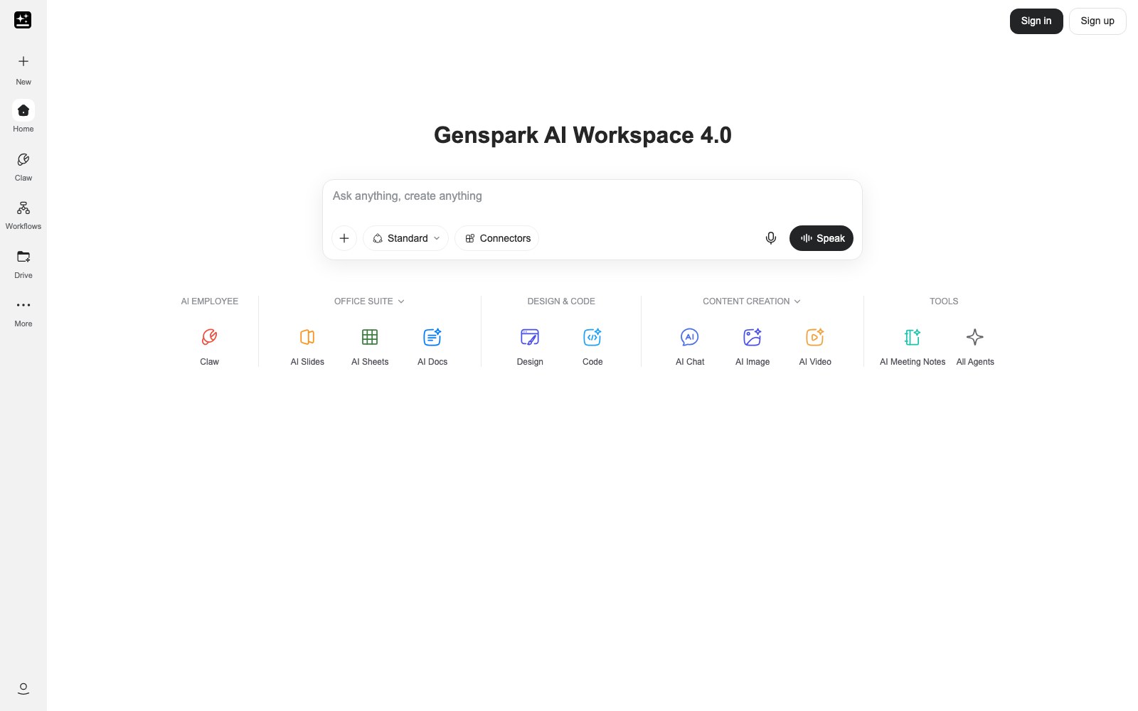 Capture de la page d'accueil de Genspark