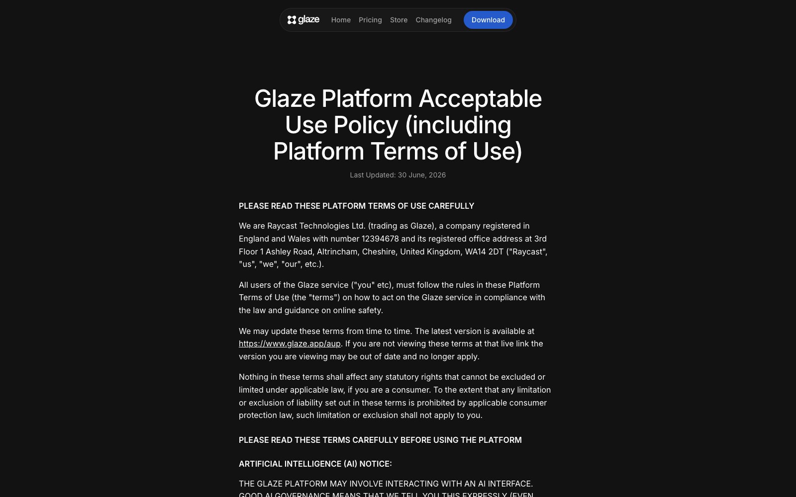 Glaze by Raycast 홈페이지 스크린샷