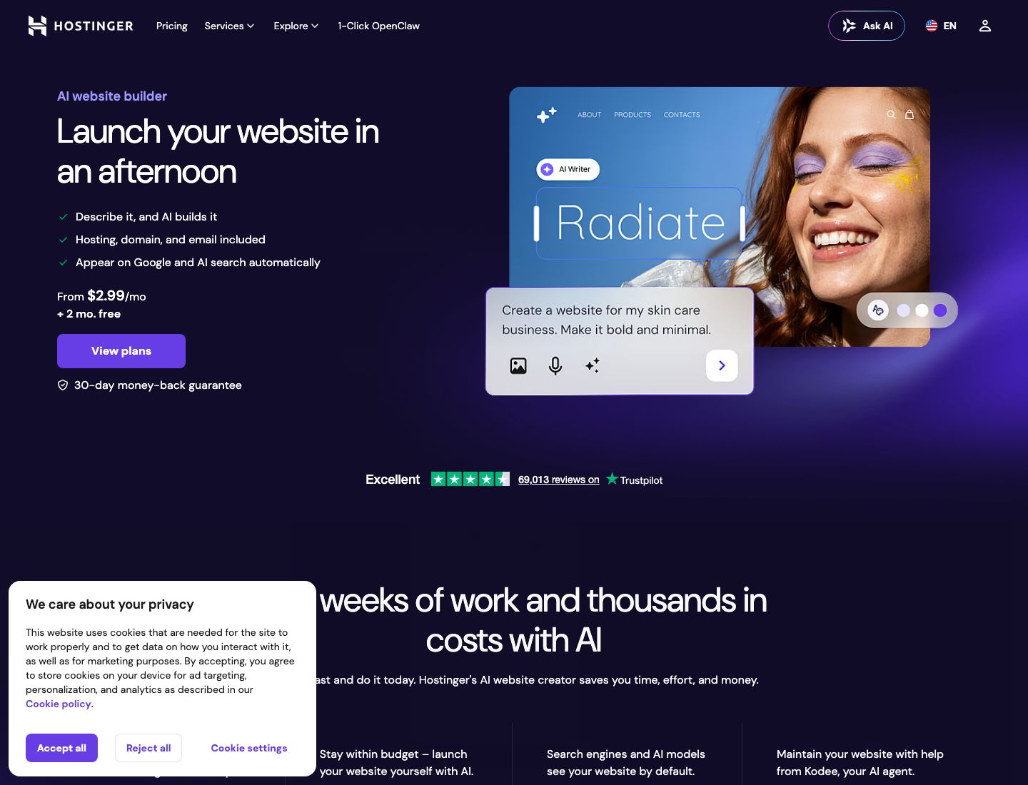 Hostinger AI Website Builder homepage screenshot