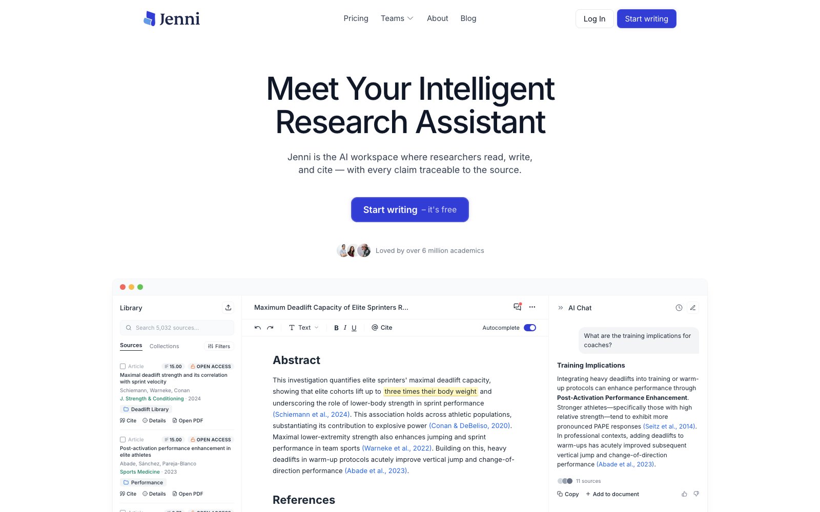 Jenni AI 홈페이지 스크린샷