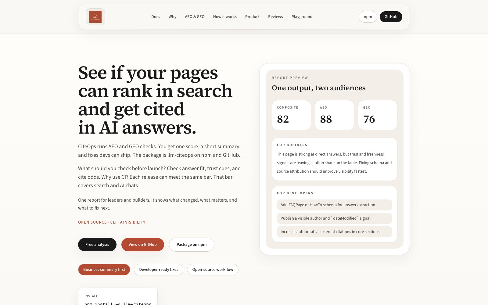 LLM-Citeops 官网首屏截图