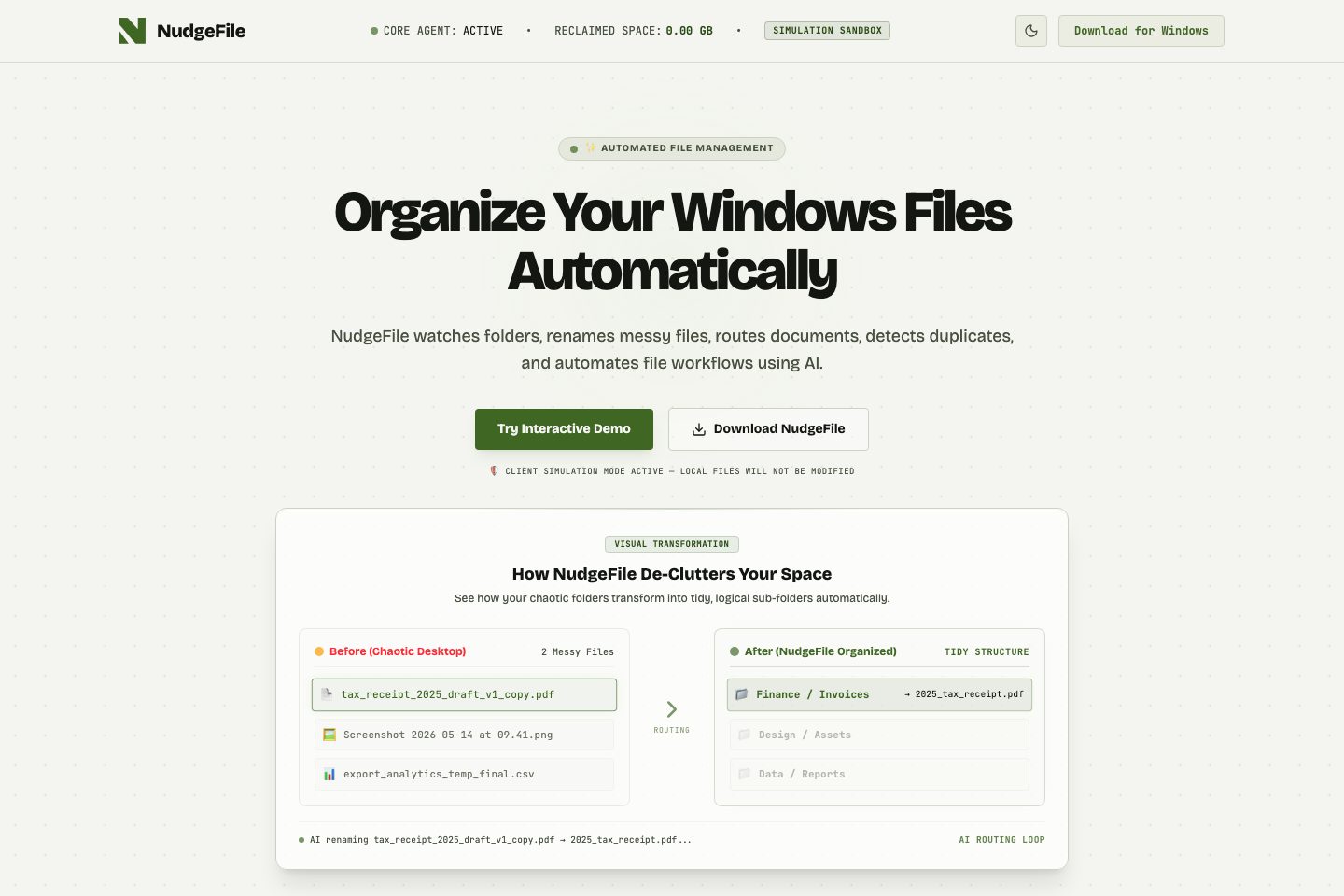 NudgeFile homepage screenshot