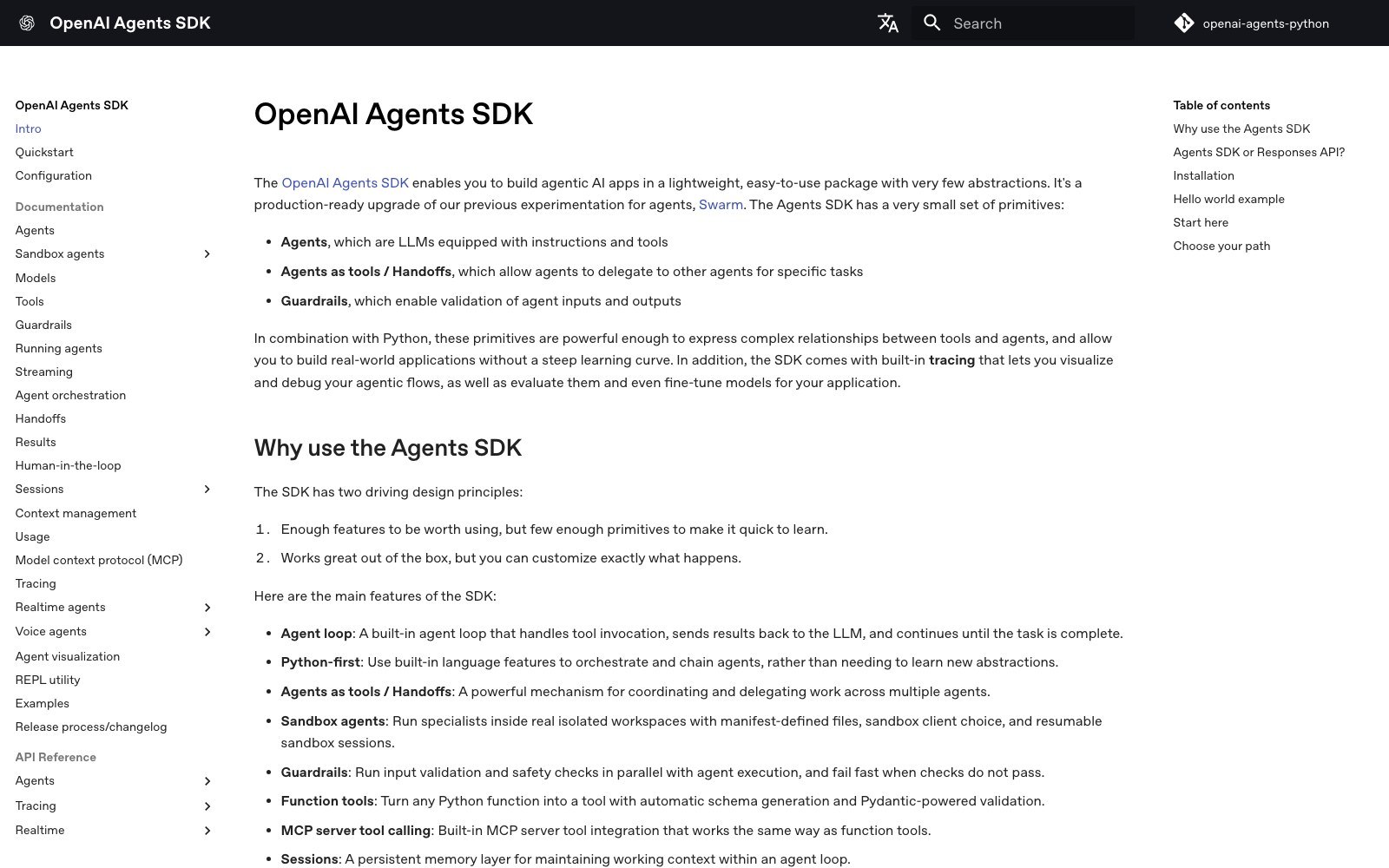 OpenAI Agents SDK ホームページのスクリーンショット