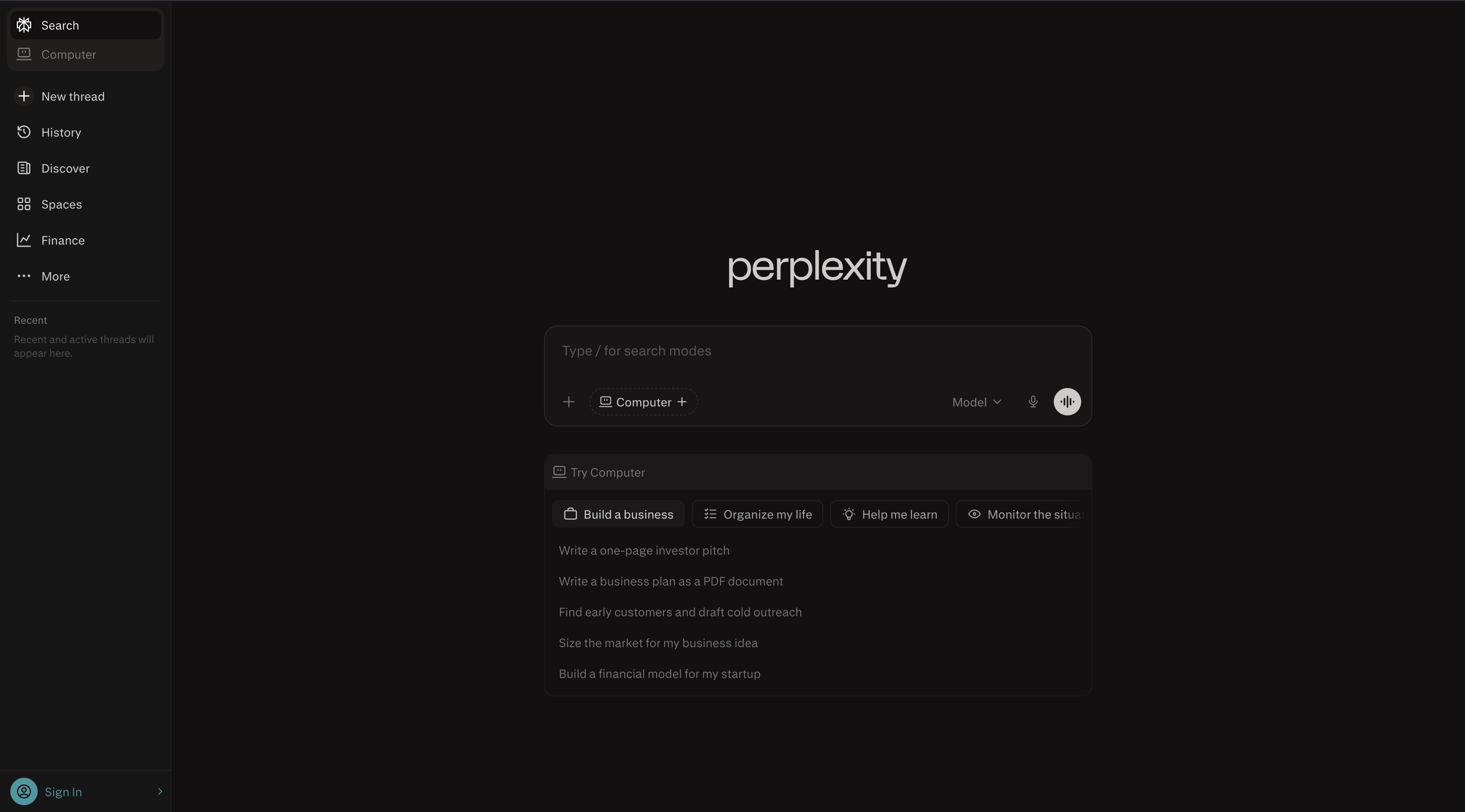 Perplexity homepage screenshot