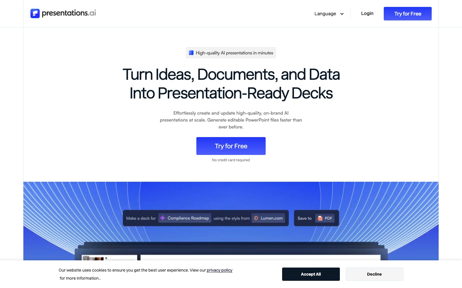 Presentations.AI 홈페이지 스크린샷