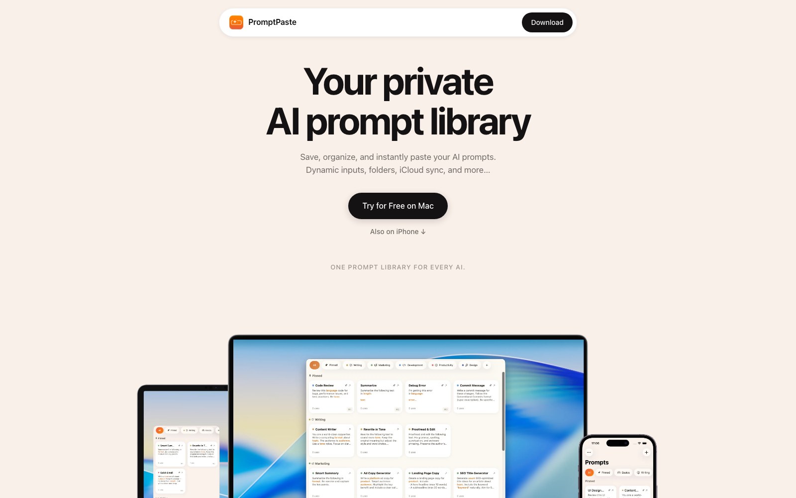 PromptPaste ホームページのスクリーンショット