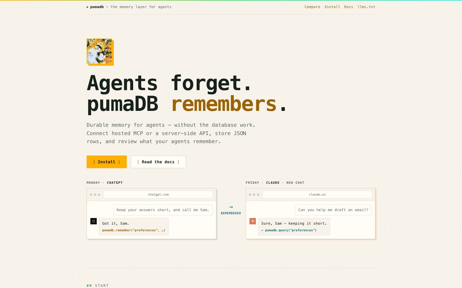 PumaDB homepage screenshot