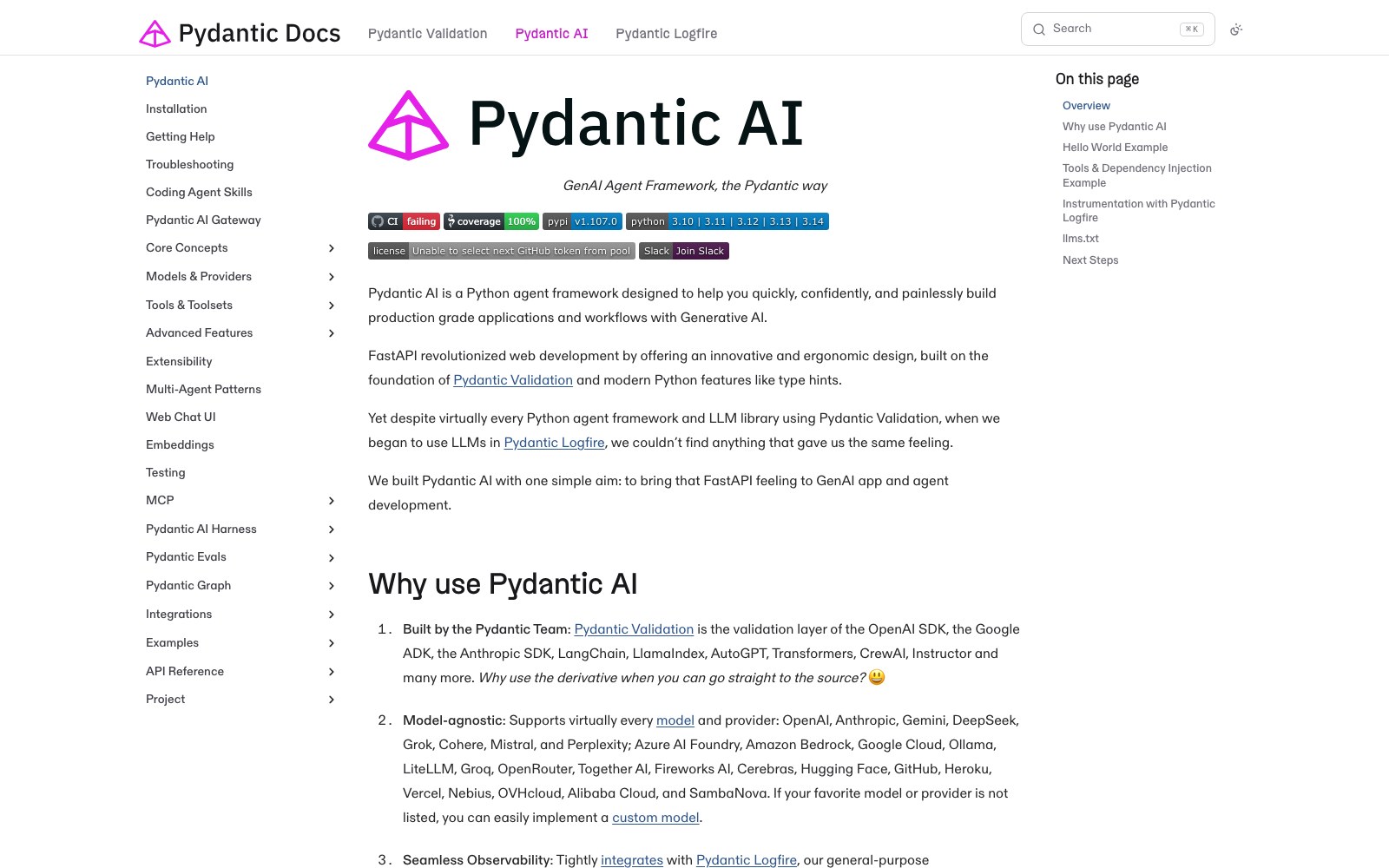 Pydantic AI ホームページのスクリーンショット