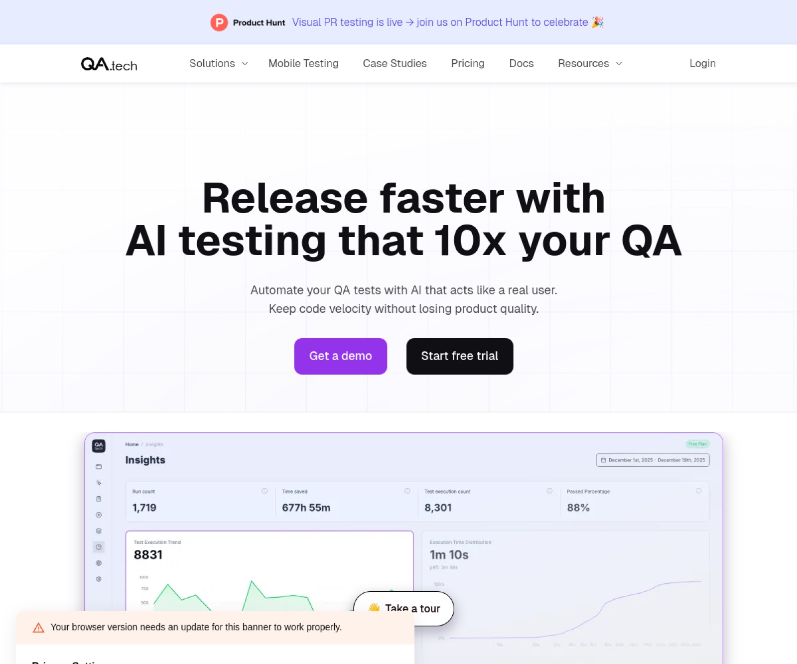QA.tech 官网首屏截图
