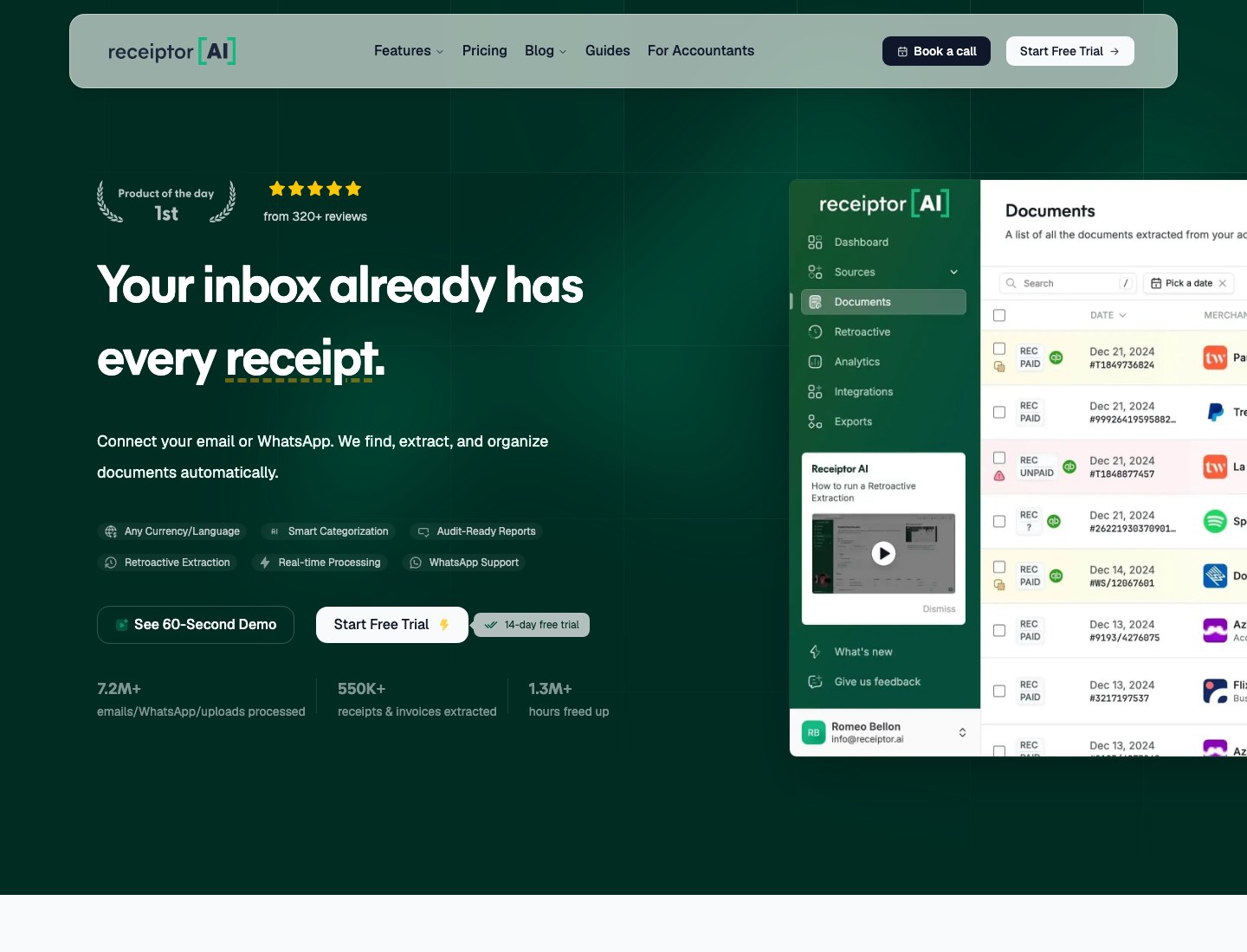 Receiptor AI 홈페이지 스크린샷