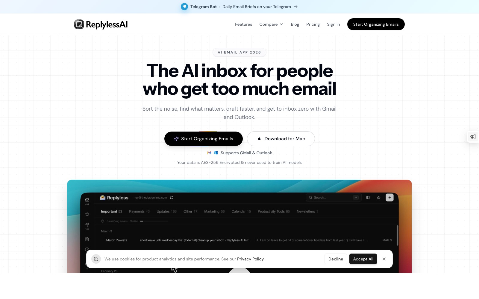 ReplyLessAI 홈페이지 스크린샷