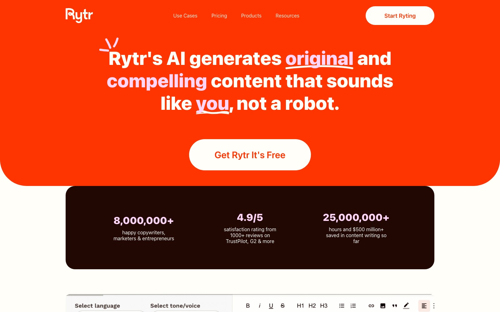 Rytr 홈페이지 스크린샷