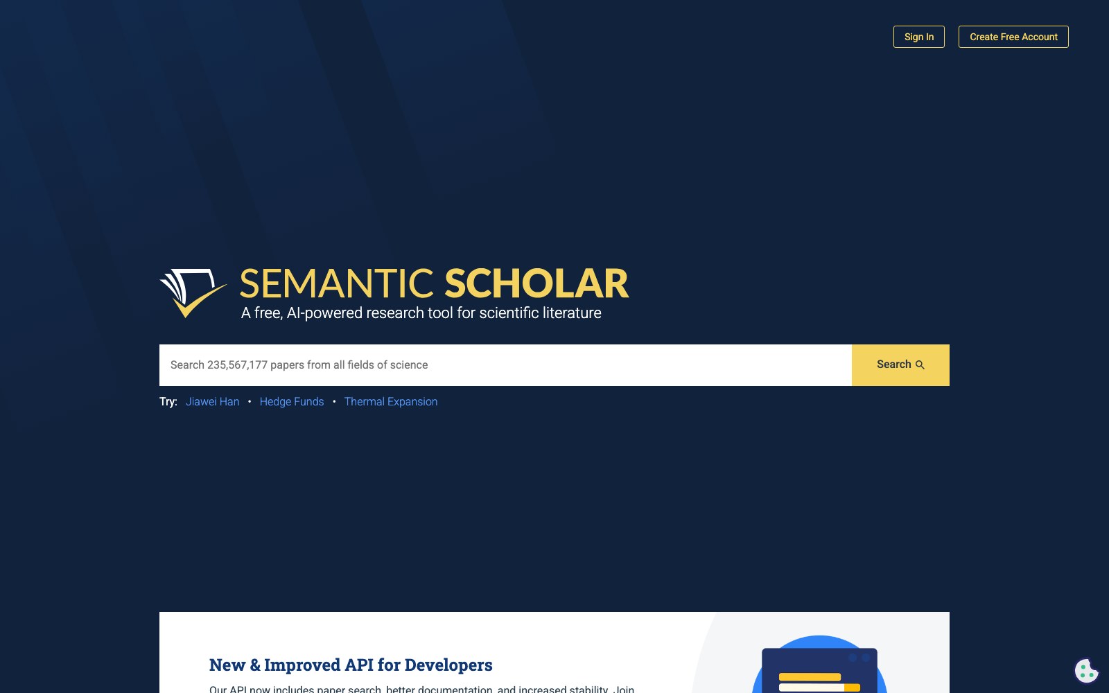 Capture de la page d'accueil de Semantic Scholar
