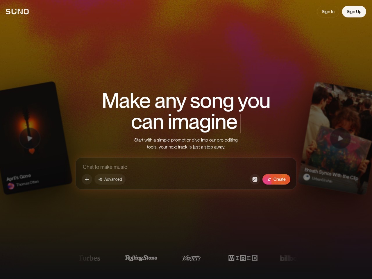 Suno 官网首屏截图