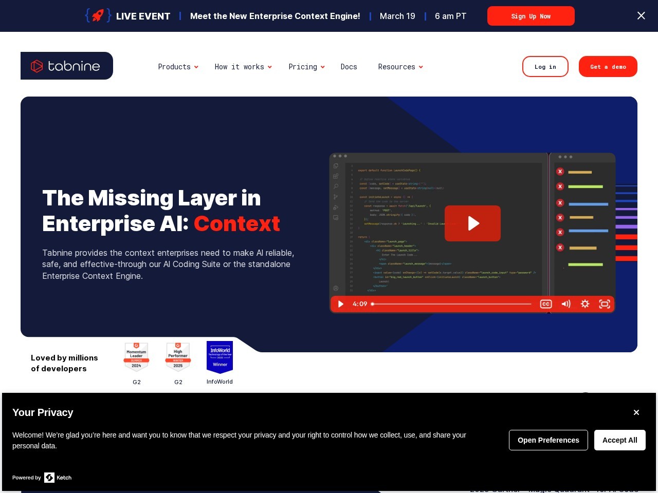 Tabnine 官网首屏截图