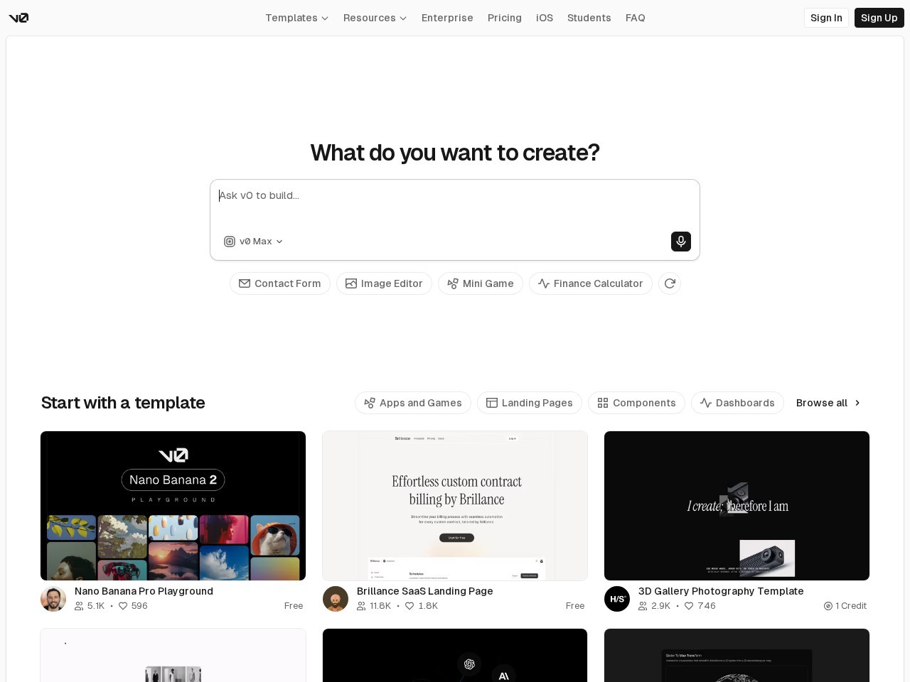 v0 homepage screenshot