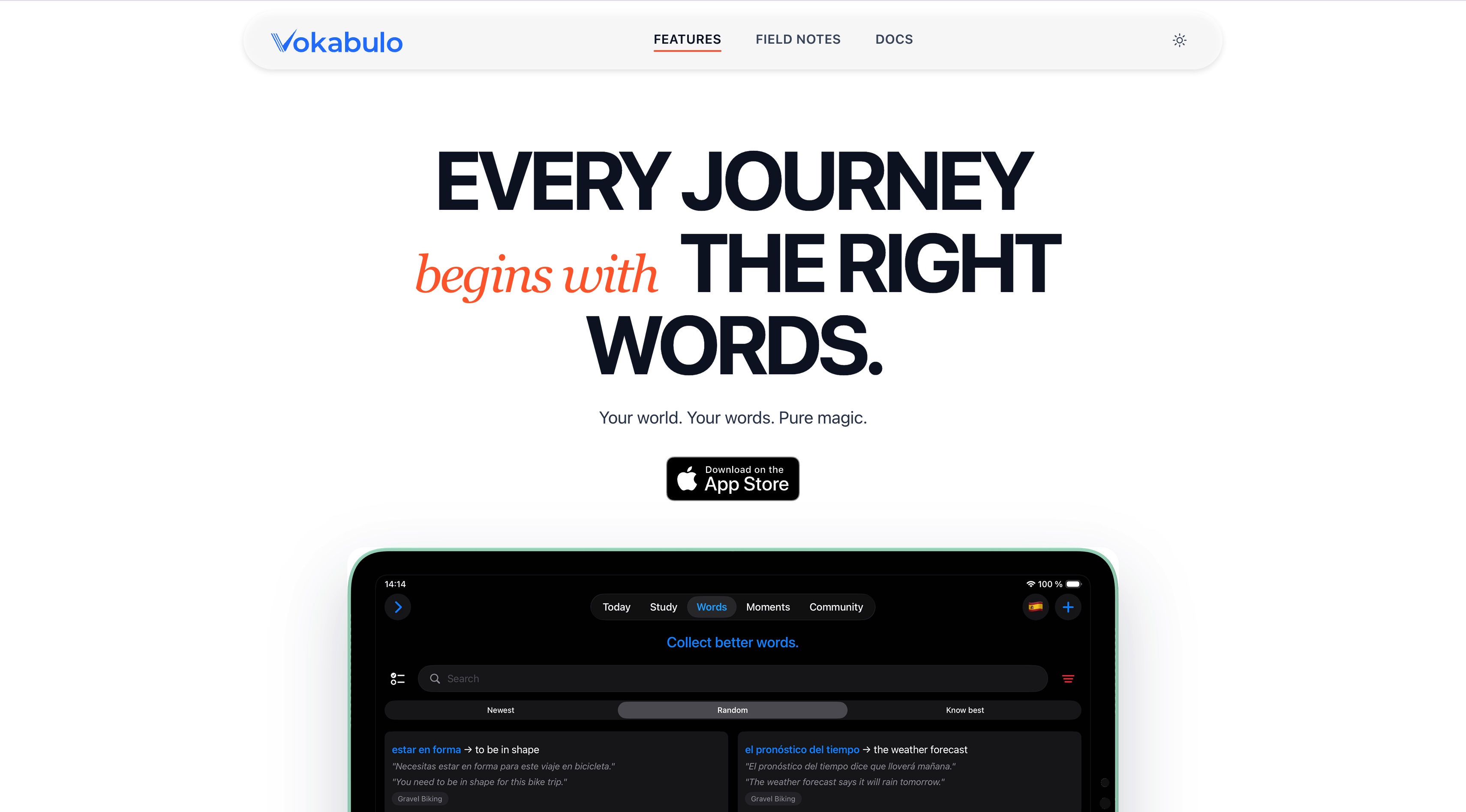 Vokabulo 홈페이지 스크린샷