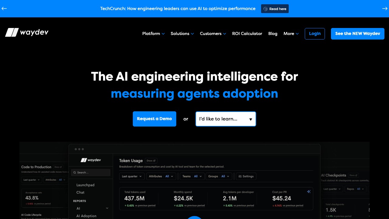 Capture de la page d'accueil de Waydev