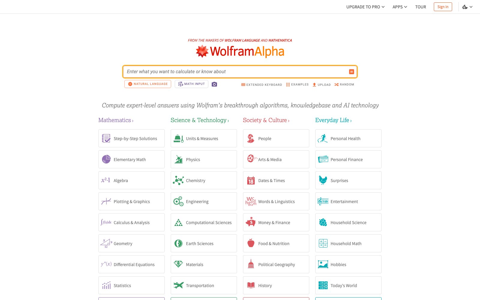 Wolfram Alpha ホームページのスクリーンショット