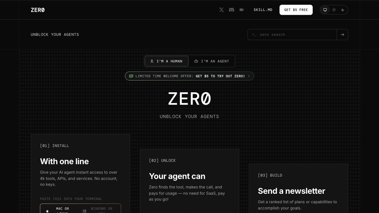 zero.xyz 홈페이지 스크린샷
